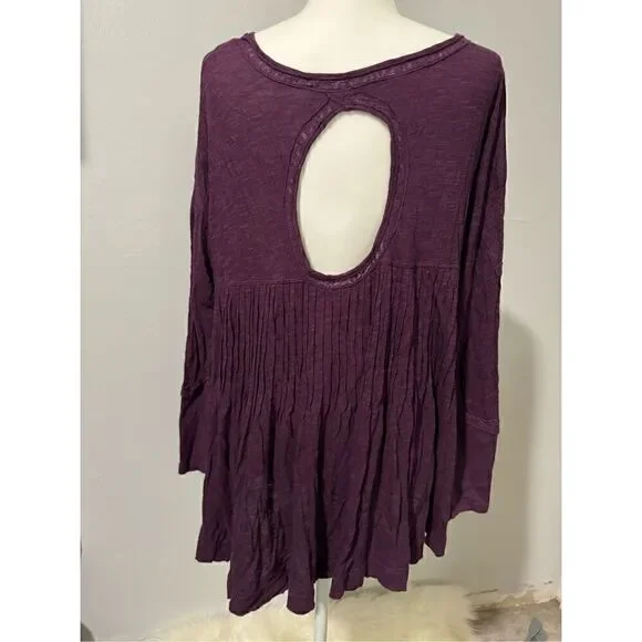 Free people lace trimmed distressed purple babydoll boho keyhole on back top S - Picture 6 of 8
